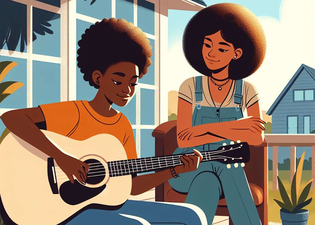 Illustration of teen girl taking a guitar lesson on their back porch