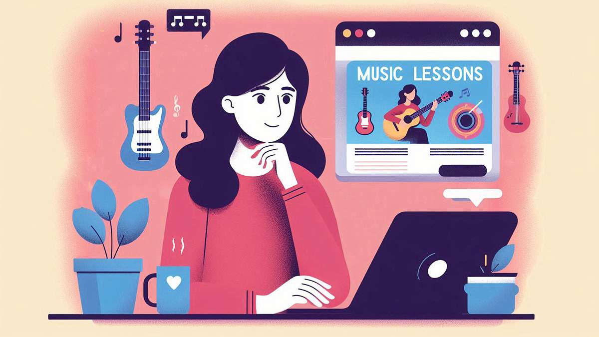 Illustration of a young woman looking for music lessons onlie